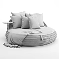 Irregular Shaped Sofa With Woven Design Red Gray Pillows Checkered Blanket And Side Table 3d model