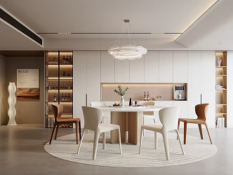 Modern Dining Room Dining Table and Chair Combination Round Table Chandelier Sideboard Hanging Picture Floor Lamp Green Plant 3d model