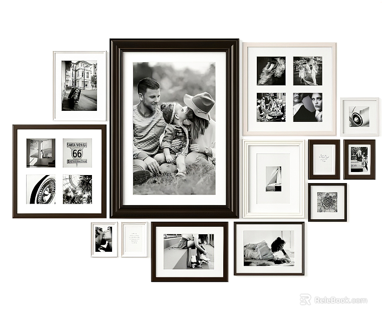 Multiple Photo Frames In Various Sizes With Family And Scenery Pictures For Wall Decor 3d model 