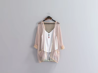 Light Pink Lace Mesh Cardigan Hanging On Hanger With White Top 3d model