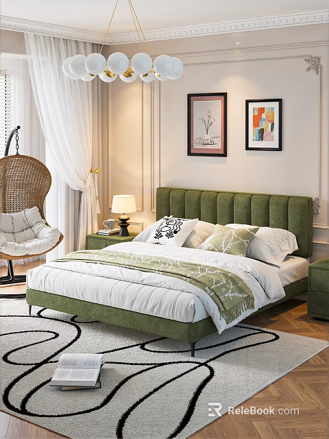 Modern Bedroom Interior With Green Tufted Headboard Wicker Hanging Chair And Wall Art 3d model 