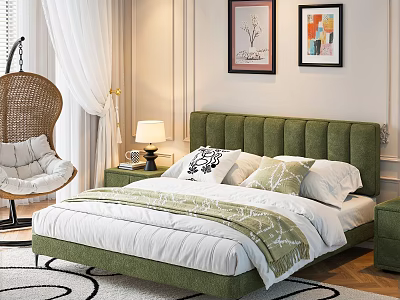 Modern Bedroom Interior With Green Tufted Headboard Wicker Hanging Chair And Wall Art 3d model