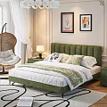 Modern Bedroom Interior With Green Tufted Headboard Wicker Hanging Chair And Wall Art