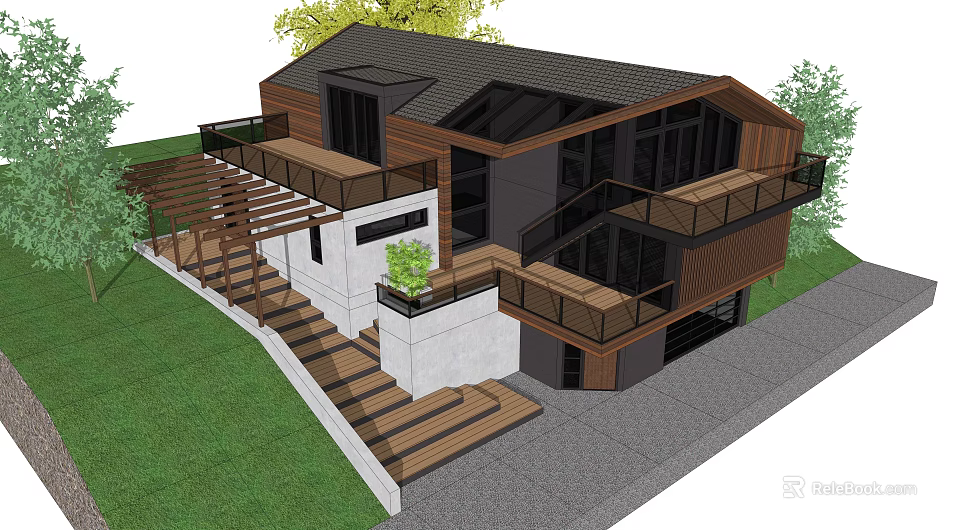 Modern Detached House With Wooden Exterior Terraces Staircase Green Lawn And Trees 3d model 