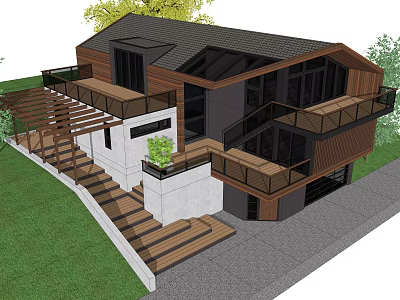 Modern Detached House With Wooden Exterior Terraces Staircase Green Lawn And Trees 3d model