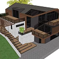 Modern Detached House With Wooden Exterior Terraces Staircase Green Lawn And Trees