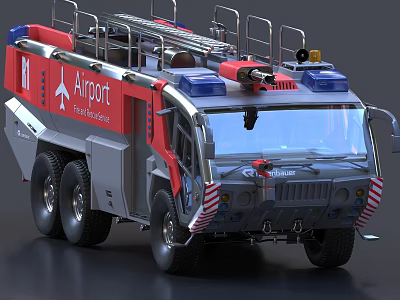 Airport Fire Rescue Truck With Red Silver Exterior Roof Ladder And Blue Emergency Lights 3d model
