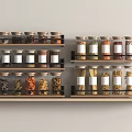 Transparent Spice Jars with Various Spices on Black Racks Wooden Shelf Kitchen Storage