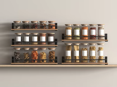 Transparent Spice Jars with Various Spices on Black Racks Wooden Shelf Kitchen Storage 3d model