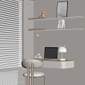 Minimalist White Desk With Chair Shelves Decorative Items Lamp Laptop Near Window Blinds
