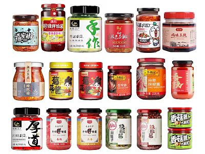 Jarred Food Assortment With Various Flavors Different Brands And Colorful Labels 3d model
