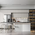 Modern Kitchen Interior Design With Marble Countertop White Cabinets Wine Storage And Stools