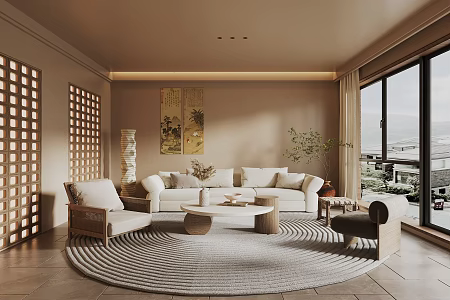 Home Living Room Fabric Sofa Coffee Table Combination Solid Wood Coffee Table Carpet Leisure Sofa Chair Decorations 3d model
