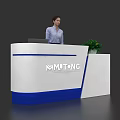 Modern White And Blue Reception Desk With MMUTONG Logo Green Plant And Receptionist