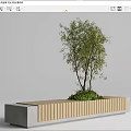 Modern Outdoor Bench With Wooden Slats And Concrete Base Featuring Green Plants And Tree