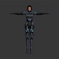 Futuristic Female Game and Movie Character With Red Hair Black Armor and Blue Glowing Elements