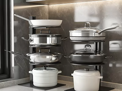 Organized Modern Kitchen Cookware Stacked Stainless Steel Pans And White Pots On Racks 3d model