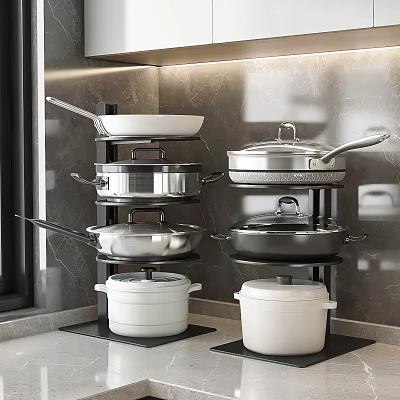 Organized Modern Kitchen Cookware Stacked Stainless Steel Pans And White Pots On Racks 3d model