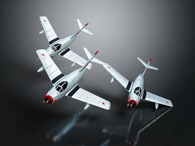 Three White Airplane Models With Red Accents On Dark Reflective Background 3d model