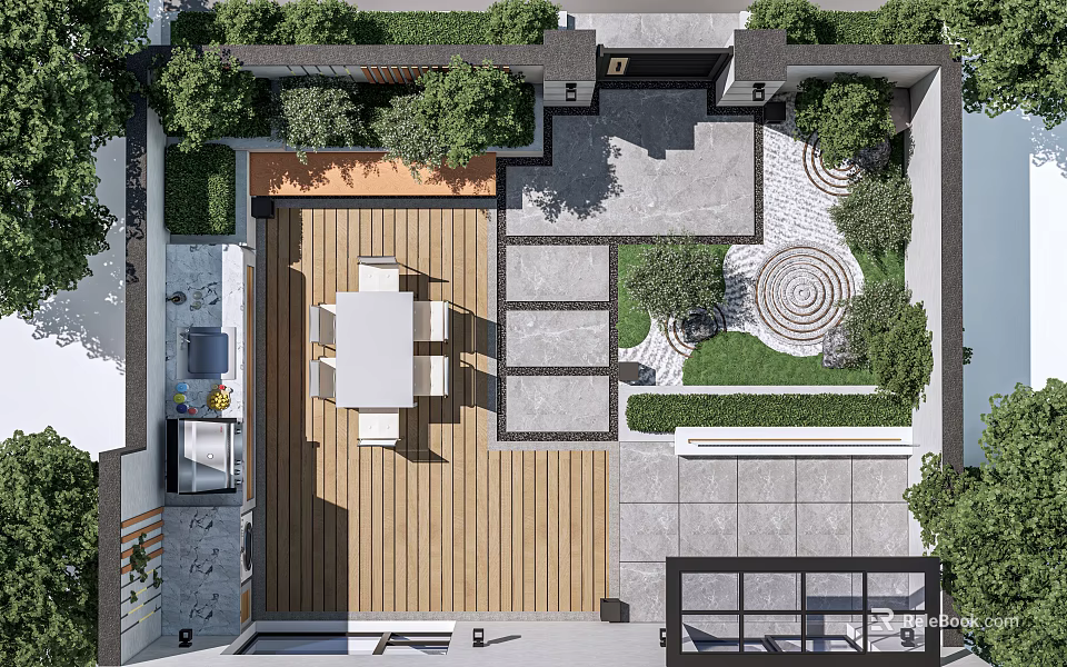 Modern Courtyard Garden With Wooden Deck Outdoor Dining Table Stone Pavement And Circular Green Plants Design 3d model 