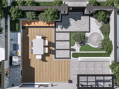Modern Courtyard Garden With Wooden Deck Outdoor Dining Table Stone Pavement And Circular Green Plants Design 3d model