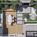 Modern Courtyard Garden With Wooden Deck Outdoor Dining Table Stone Pavement And Circular Green Plants Design