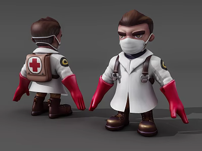 Game Movie Character 3D Model White Coat Mask Red Cross Bag Red Gloves Brown Boots 3d model