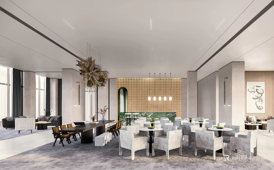 Spacious Modern Hotel Public Lounge With Comfortable Seating And Decorative Pendant Lights 3d model 