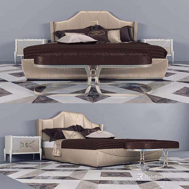 Modern Double Bed With Leather Headboard Bed Bench Nightstand And Geometric Rug 3d model