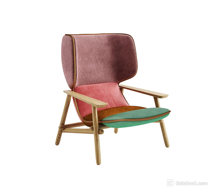 Colorful Accent Chair With Pink Backrest Green Seat And Wooden Arms And Legs 3d model 