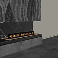 Modern Black Marble Fireplace Design With Burning Flames And Lower Cabinets 3d model