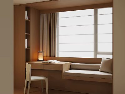 Modern Wooden Window Seat Cabinet With Desk Chair Bookshelf And White Blinds 3d model