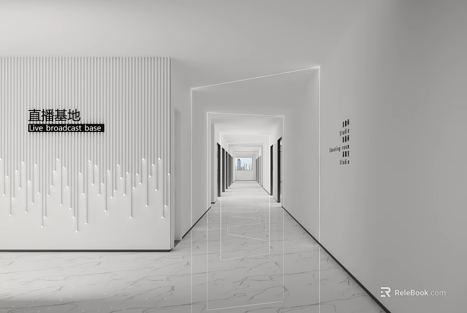 Modern Office Corridor Interior With White Striped Walls And Marble Flooring 3d model 