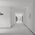 Modern Office Corridor Interior With White Striped Walls And Marble Flooring
