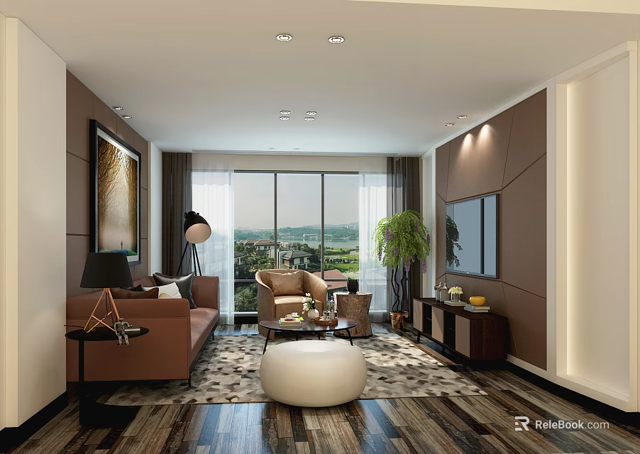 Modern Living Room Interior With Brown Sofa Round White Ottoman And Green Plant 3d model 