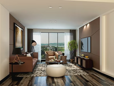 Modern Living Room Interior With Brown Sofa Round White Ottoman And Green Plant 3d model