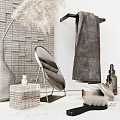 Modern Bathroom Accessories With Towel Rack Gray Towel Round Mirror And Dried Pampas Grass
