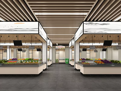 Supermarket Interior With Fresh Produce Stalls Fruits and Vegetables Wooden Ceiling Bright Lighting Clean Aisles 3d model