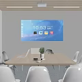 Modern Meeting Room Interior With Conference Table White Chairs Sofa Bookshelves And TV Screen