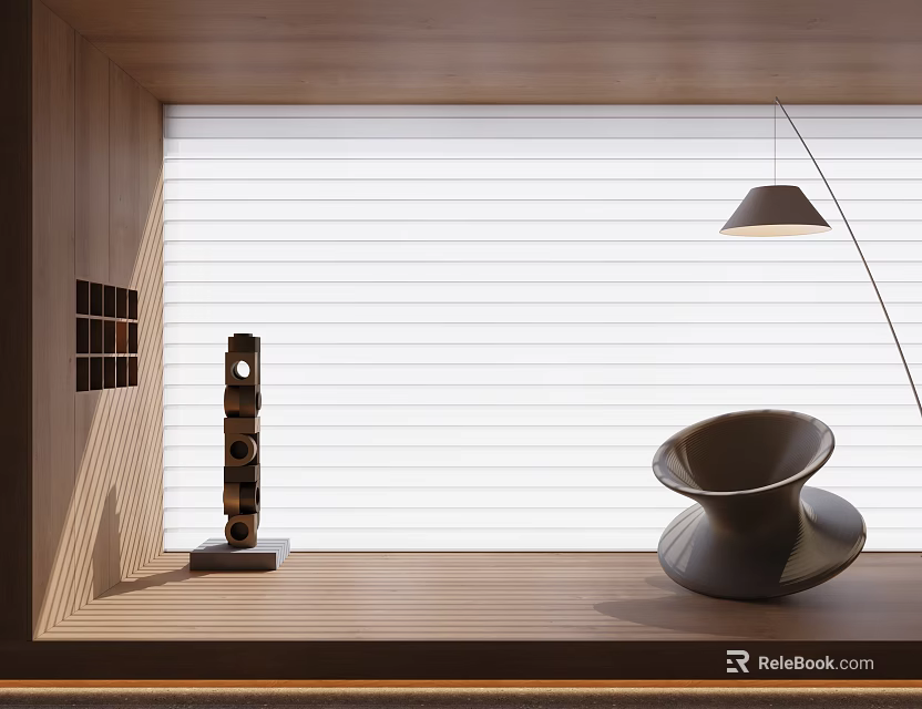 White Blinds In Wooden Window Area With Black Sculpture Modern Gray Bowl And Floor Lamp 3d model 