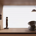 White Blinds In Wooden Window Area With Black Sculpture Modern Gray Bowl And Floor Lamp