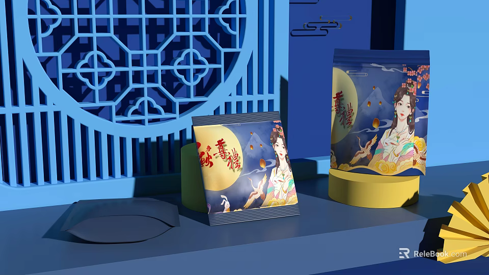 Traditional Chinese Mid-Autumn Ornament Decoration Set with Beauty Figure Moon and Lattice Design 3d model 