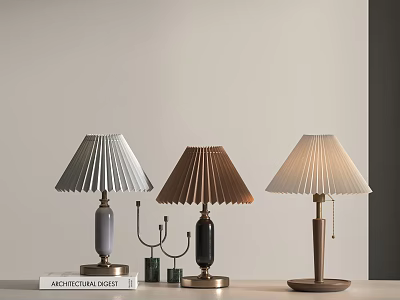 Three Modern Table Lamps With Pleated Shades On White Table Interior Decor 3d model
