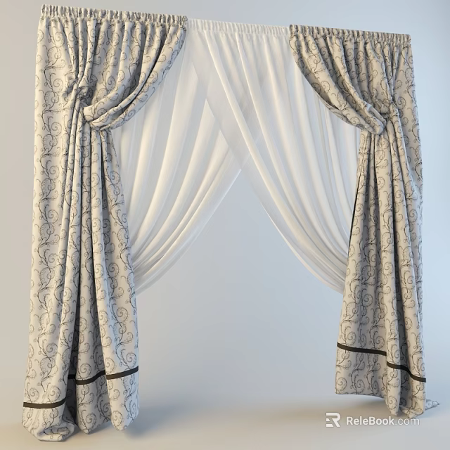 Elegant Curtain Design Featuring Ornate Patterned Drapes And Sheer White Panels 3d model