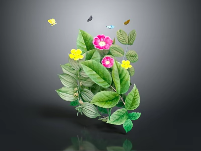 Green Leaf Plant With Pink Yellow Flowers And Butterflies On Gray Background With Reflection 3d model