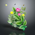 Green Leaf Plant With Pink Yellow Flowers And Butterflies On Gray Background With Reflection