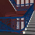 Staircase With Blue Wrought Iron Railings Intricate Scrolls Red Walls Lattice Windows And White Steps