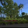 Arbor Trees In Lush Green Landscape Design With Tall Palms Neat Bushes And Blue Sky