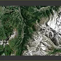 Detailed 3D Mountainous Terrain Model With Snowy Peaks And Green Vegetation Valleys
