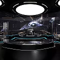 Modern Auto Showroom Display With Red Black Cars And Motorcycle On Circular Platform